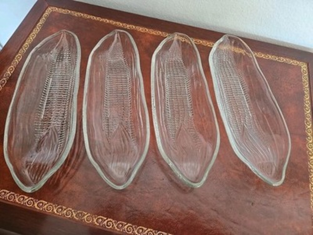 Vintage CORN ON THE COB Holders Clear Pressed Heavy GLASS DISHES Plates - 4